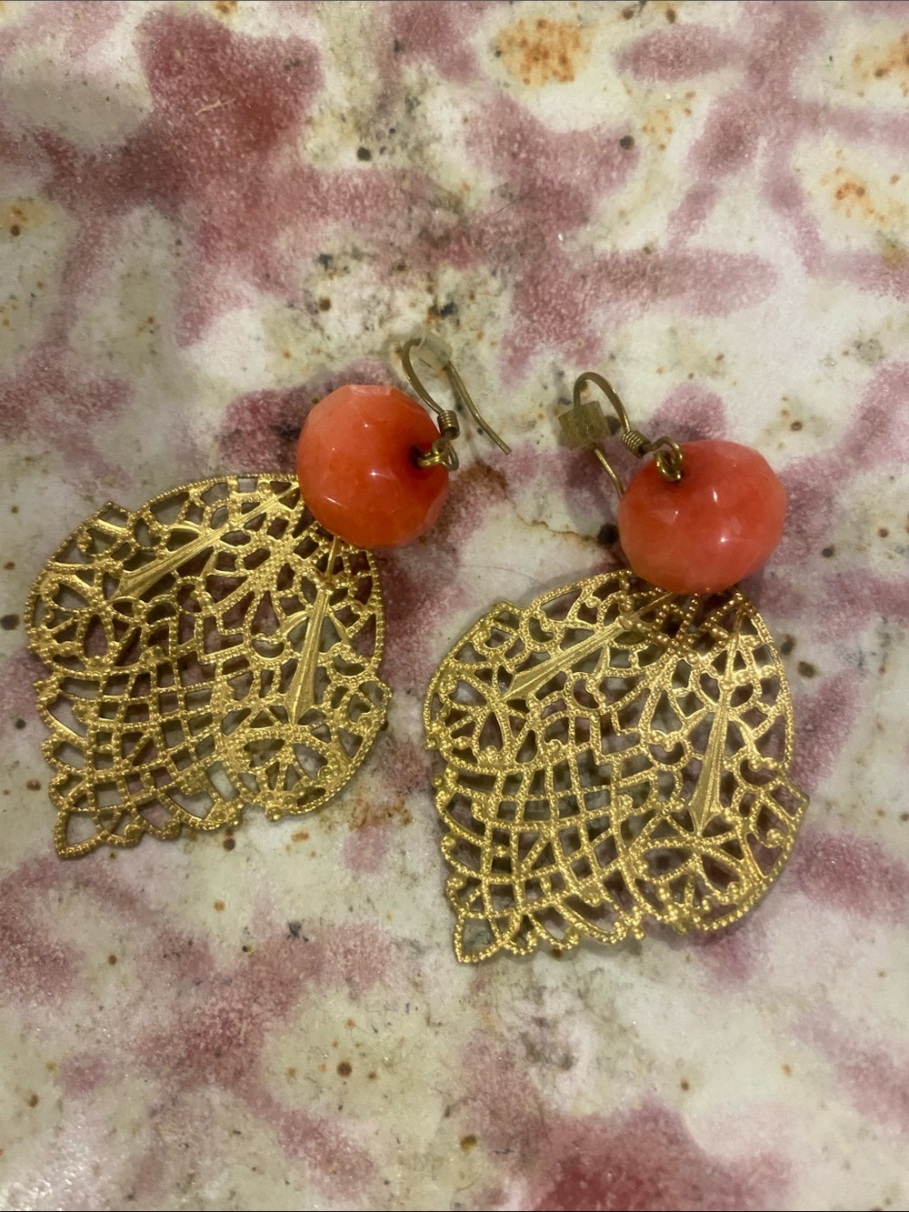 Gold Filigree Leaf Earrings with Coral Orange Beads - Women Jewelry